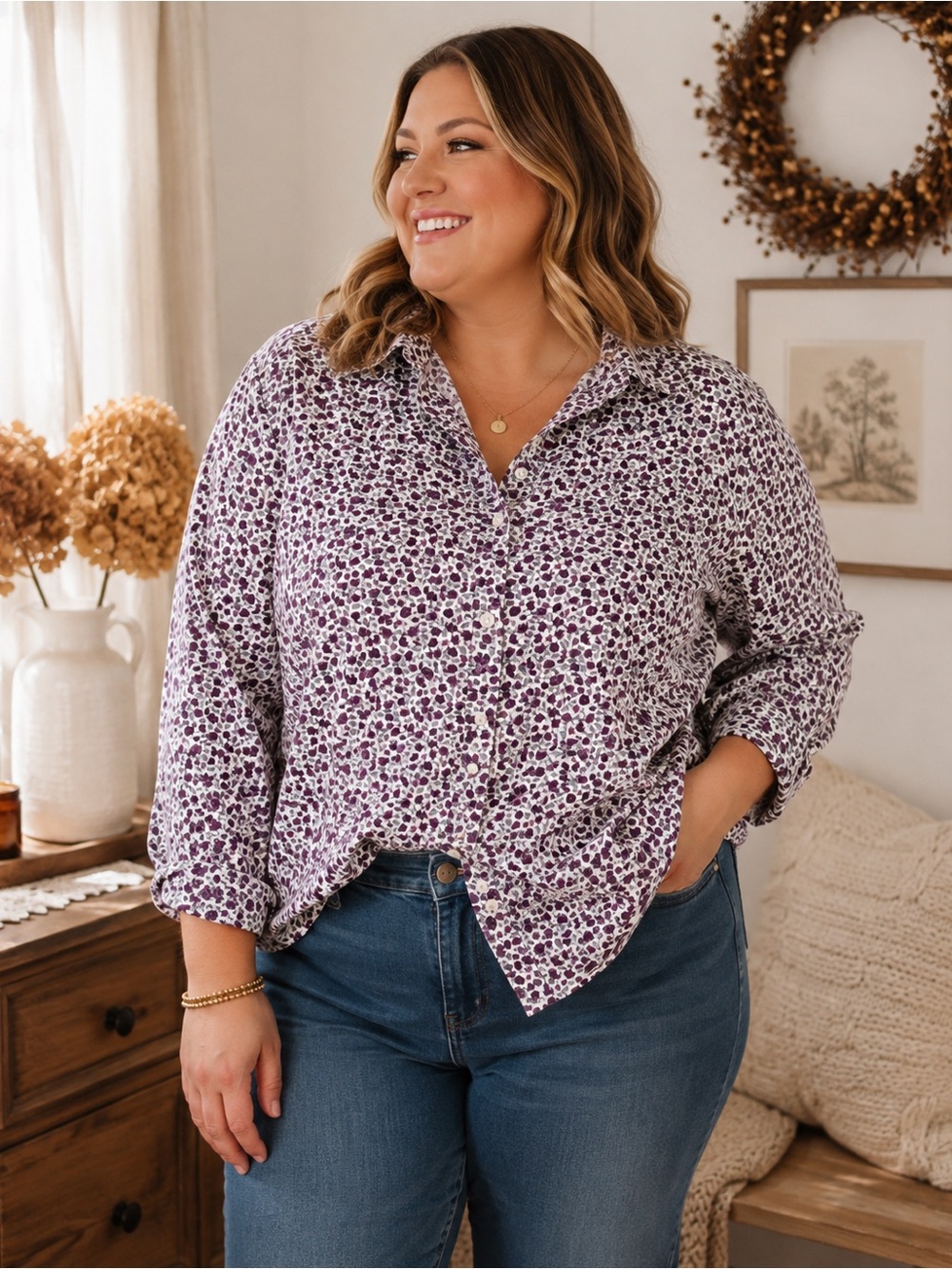 White Stag Floral Button Down Shirt 4X 26W 28W Purple Cottagecore